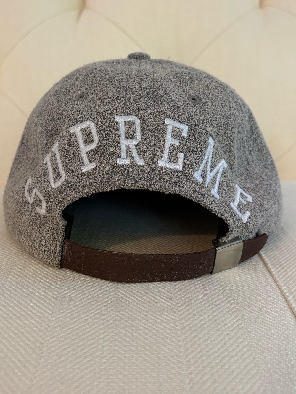 Supreme Loro Piana Grey Wool Strapback Hat with White Embroidered Logo
